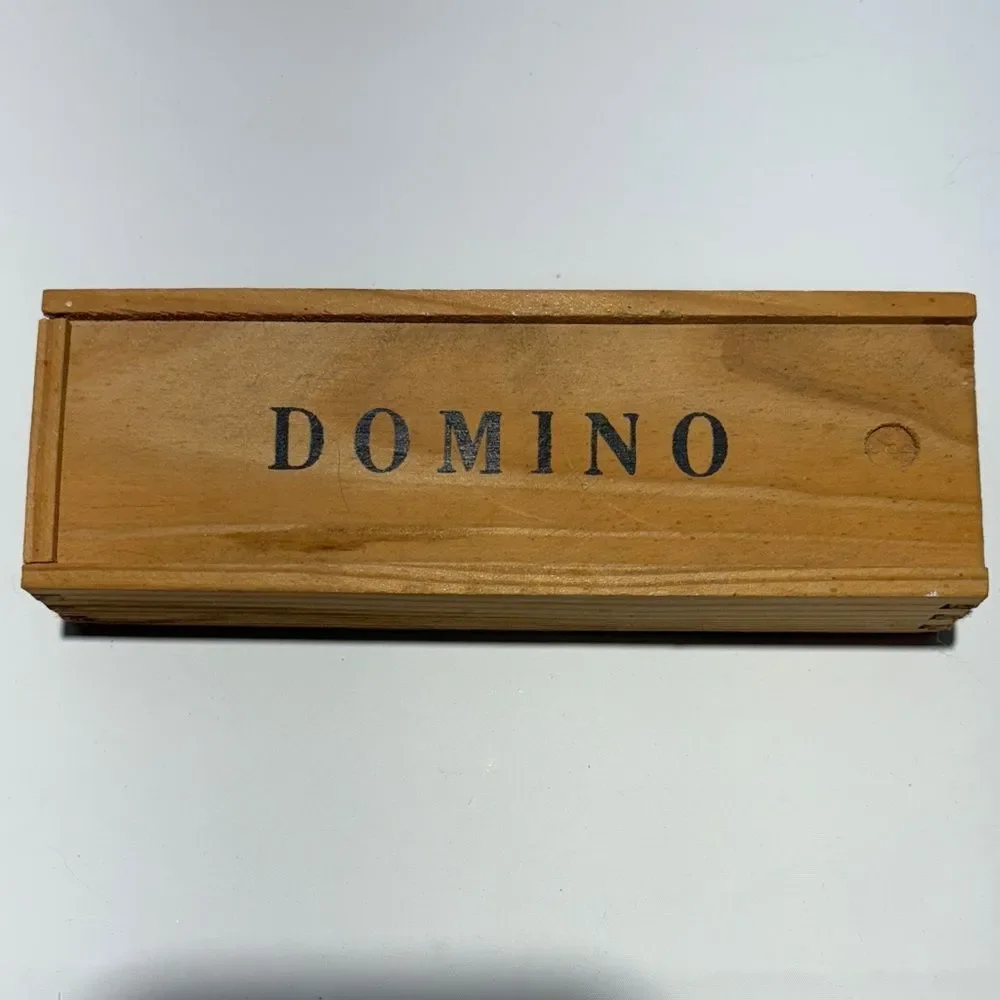Natural Wood dominos Storage Box with small wooden dominos.